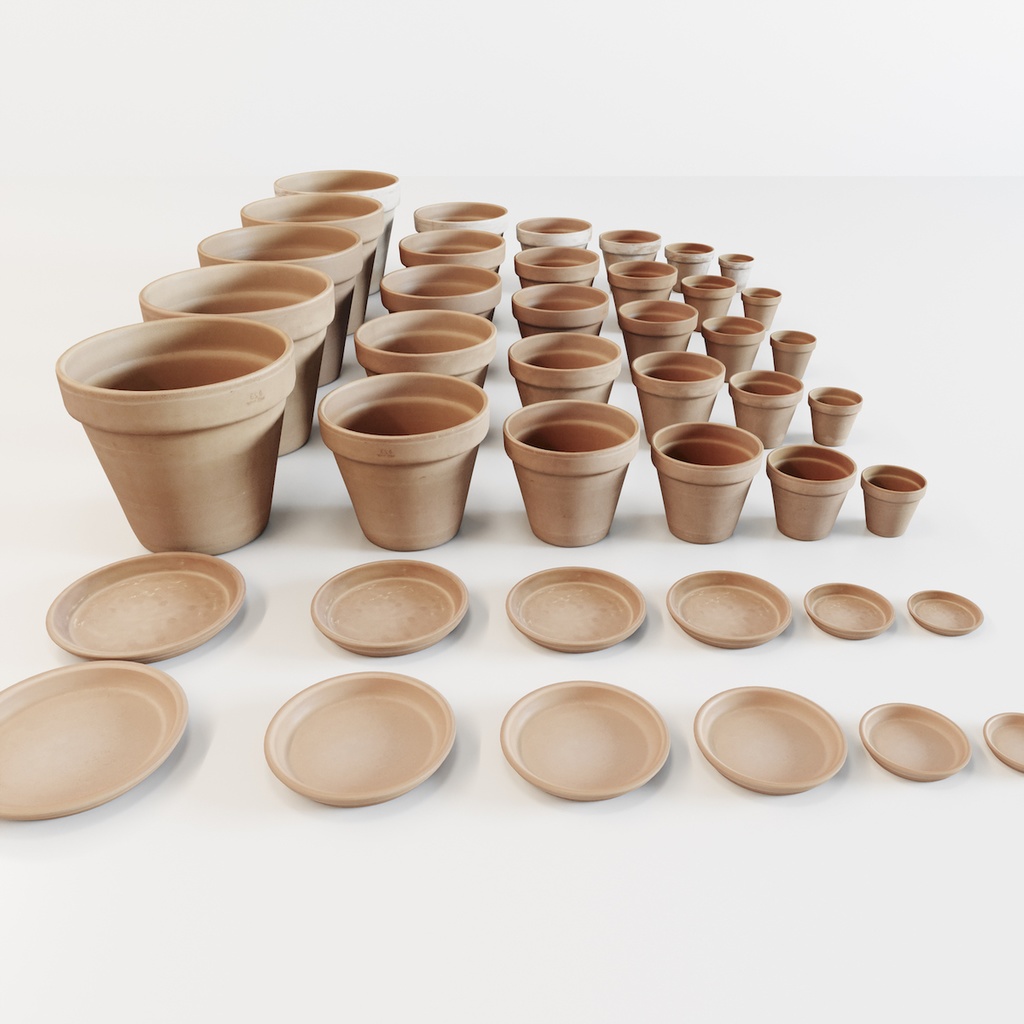 素焼き鉢・テラコッタ植木鉢・受け皿セット【3Dモデル】