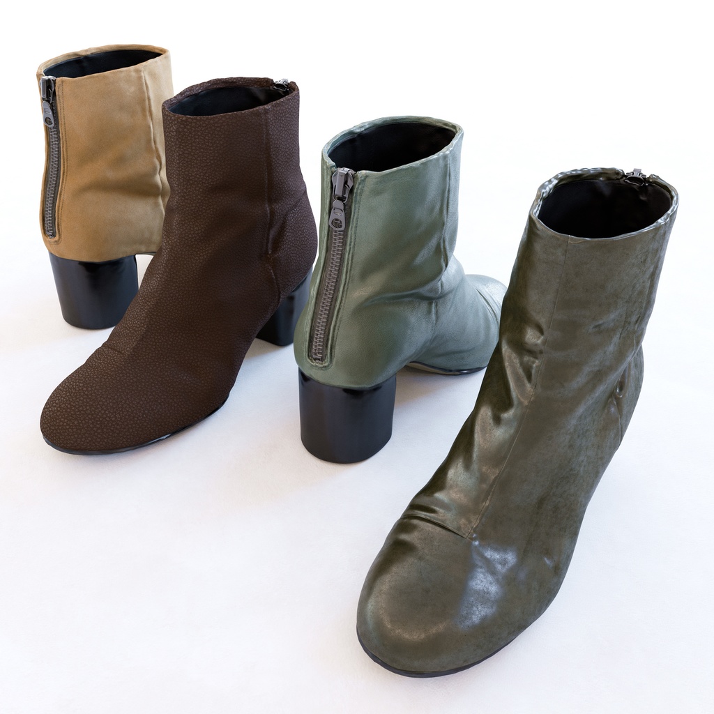 ラウンドヒール アンクルブーツ (バックジップ) 【3Dモデル】