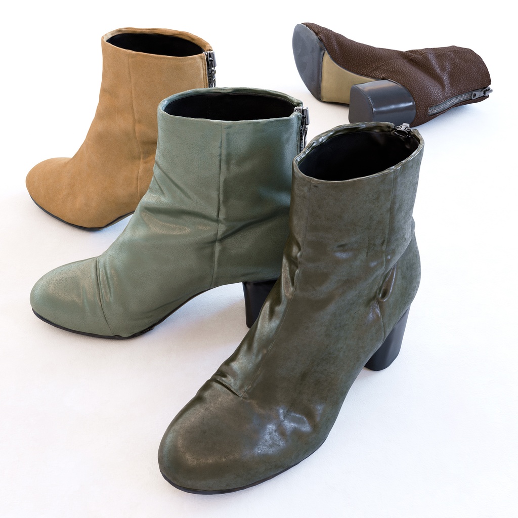 ラウンドヒール アンクルブーツ (バックジップ) 【3Dモデル】