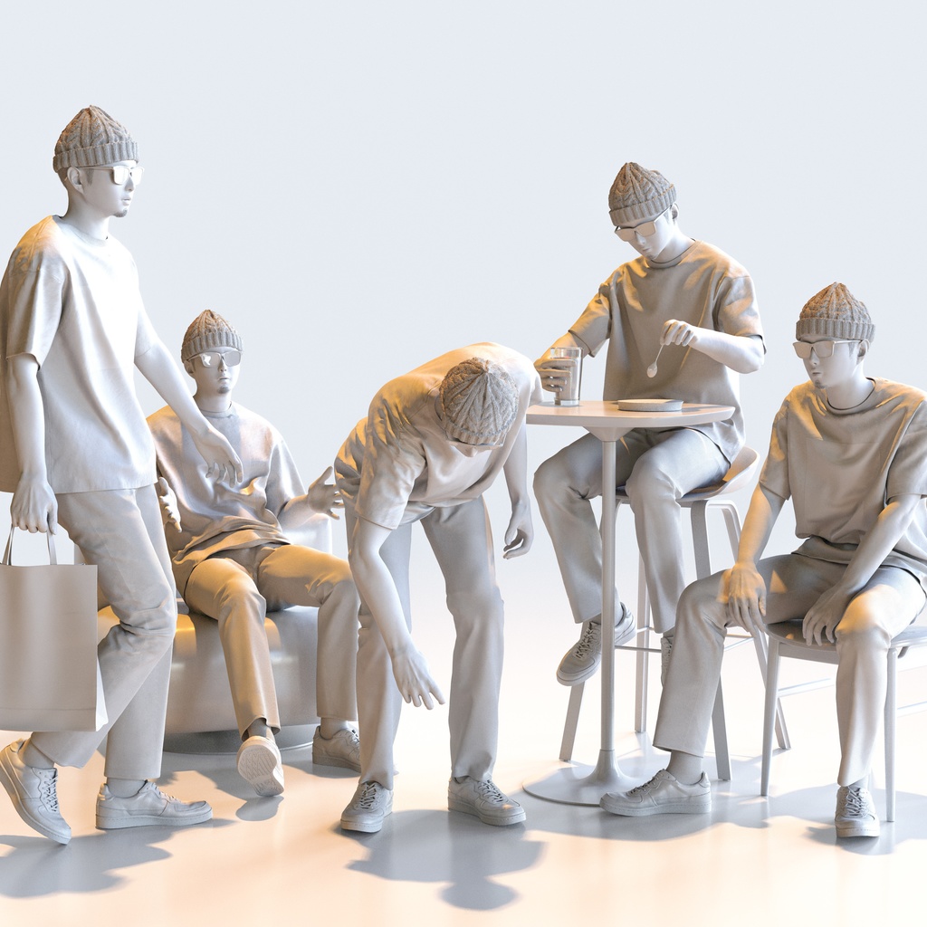 カジュアル男性 5ポーズセット 3 - C1-M3Y【3D人物モデル/人間3Dモデル】