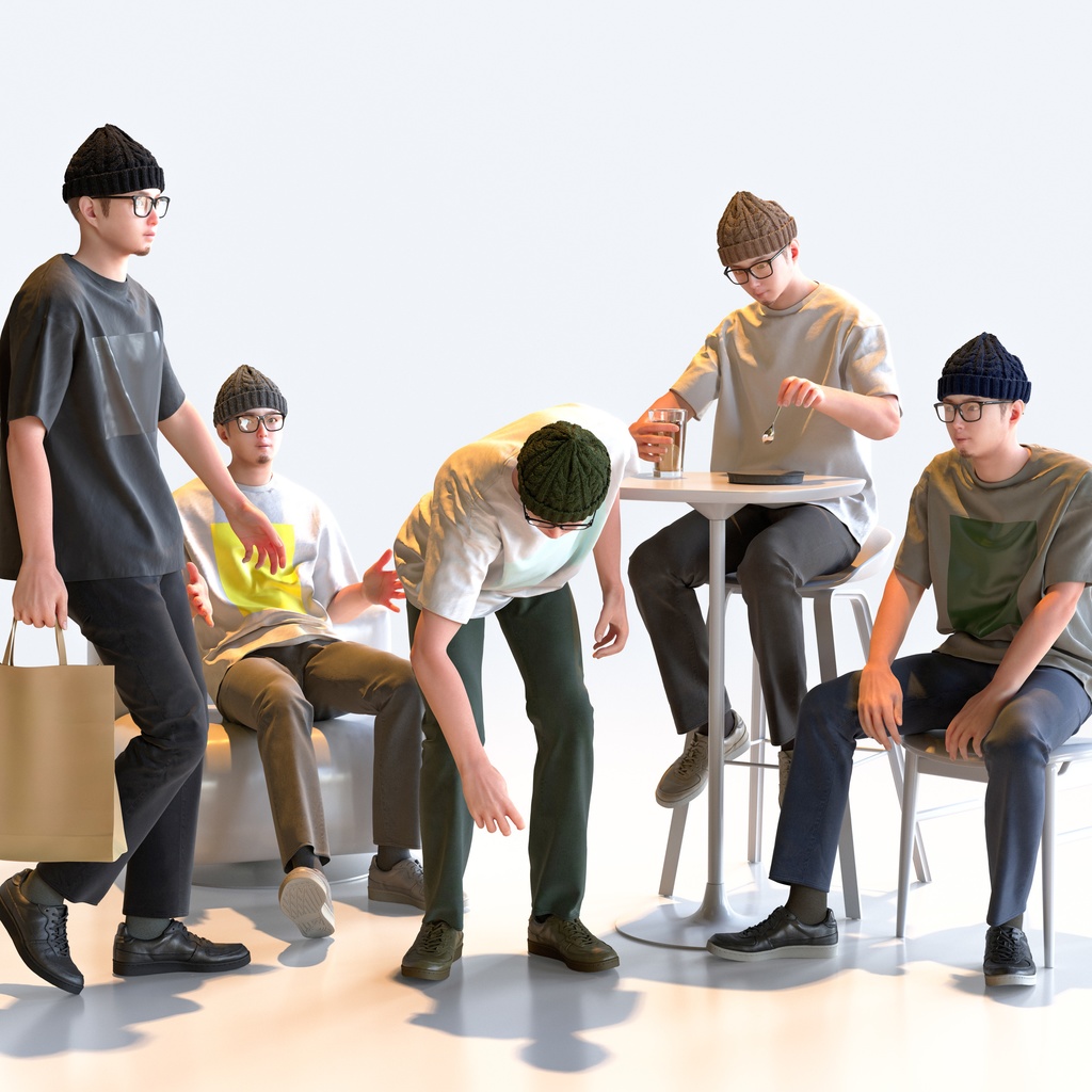 カジュアル男性 5ポーズセット 3 - C1-M3Y【3D人物モデル/人間3Dモデル】