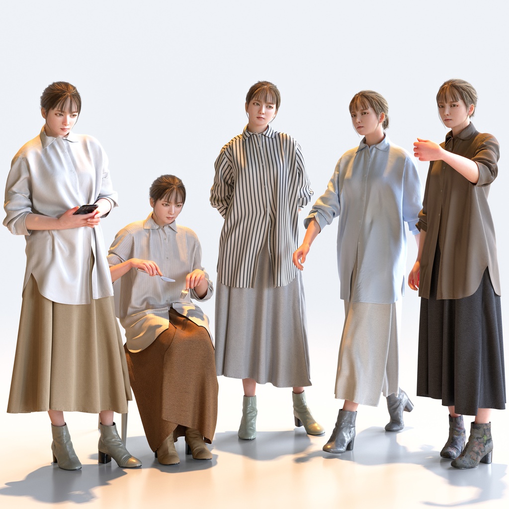 カジュアル女性 5ポーズセット 1 - C1-F1H【3D人物モデル/人間3Dモデル】