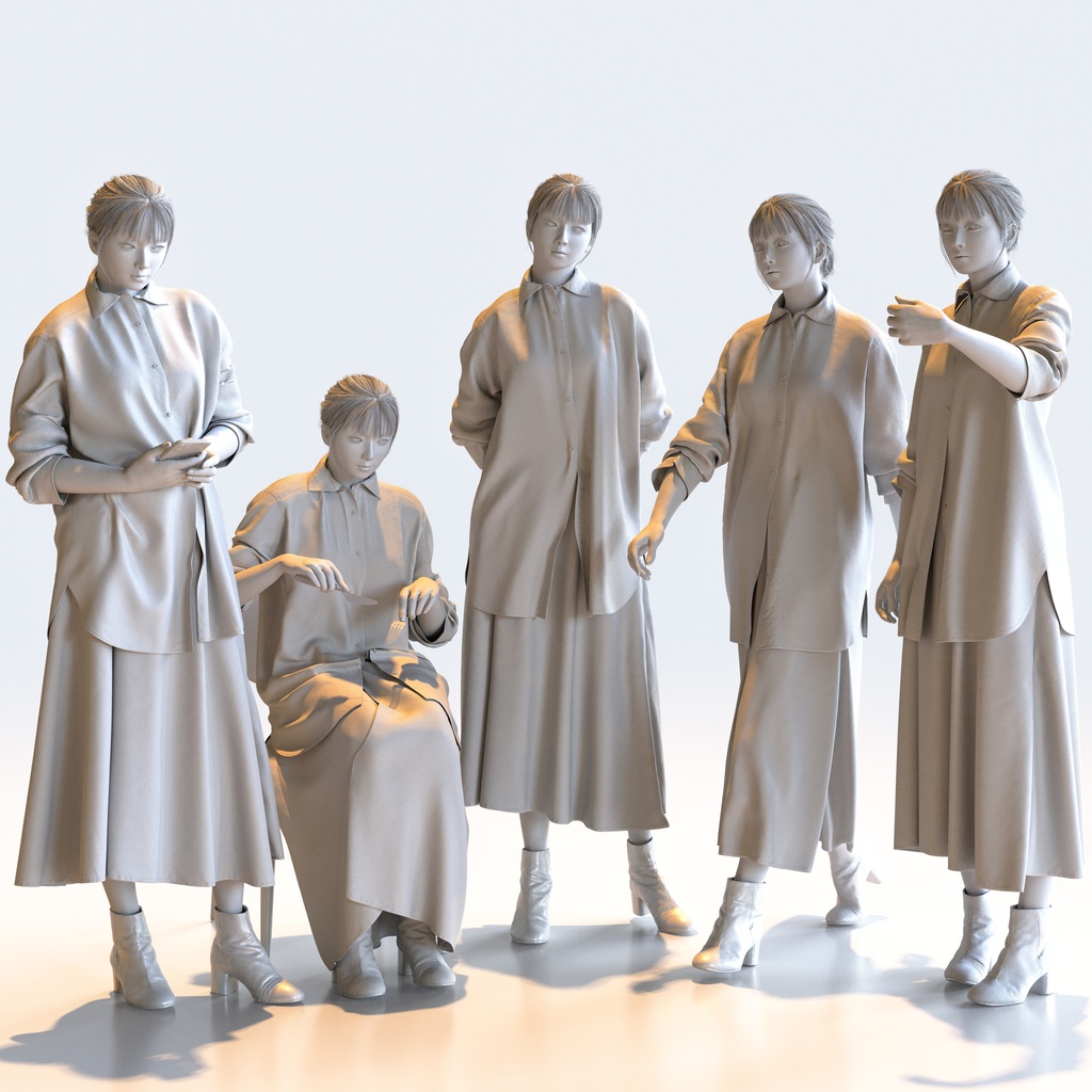 カジュアル女性 5ポーズセット 1 - C1-F1H【3D人物モデル/人間3Dモデル】