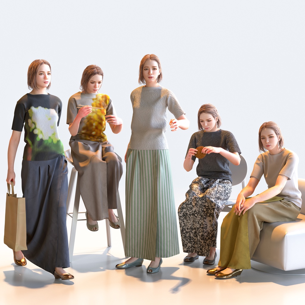 カジュアル女性 5ポーズセット 2 - C1-F2T【3D人物モデル/人間3Dモデル】