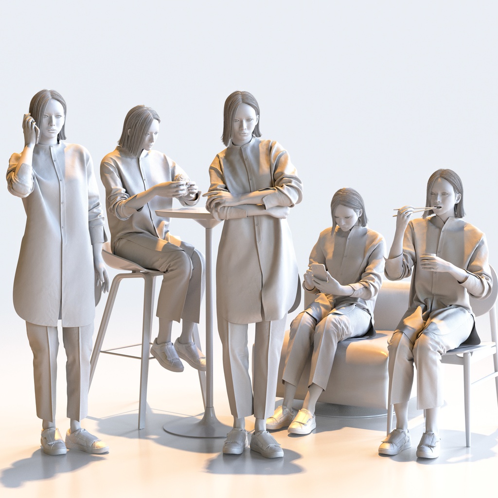 カジュアル女性 5ポーズセット 3 - C1-F3F【3D人物モデル/人間3Dモデル】