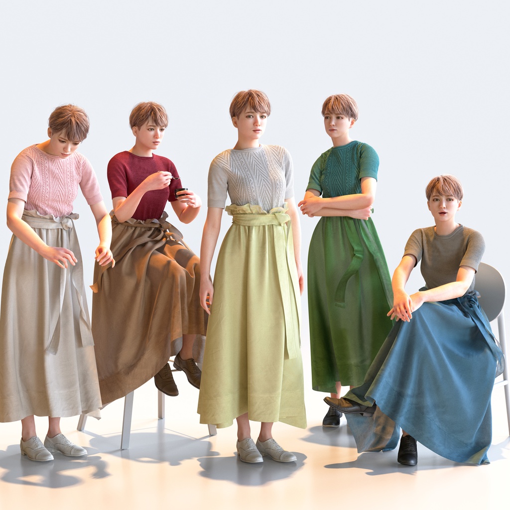 カジュアル女性 5ポーズセット 4 - C1-F4K【3D人物モデル/人間3Dモデル】