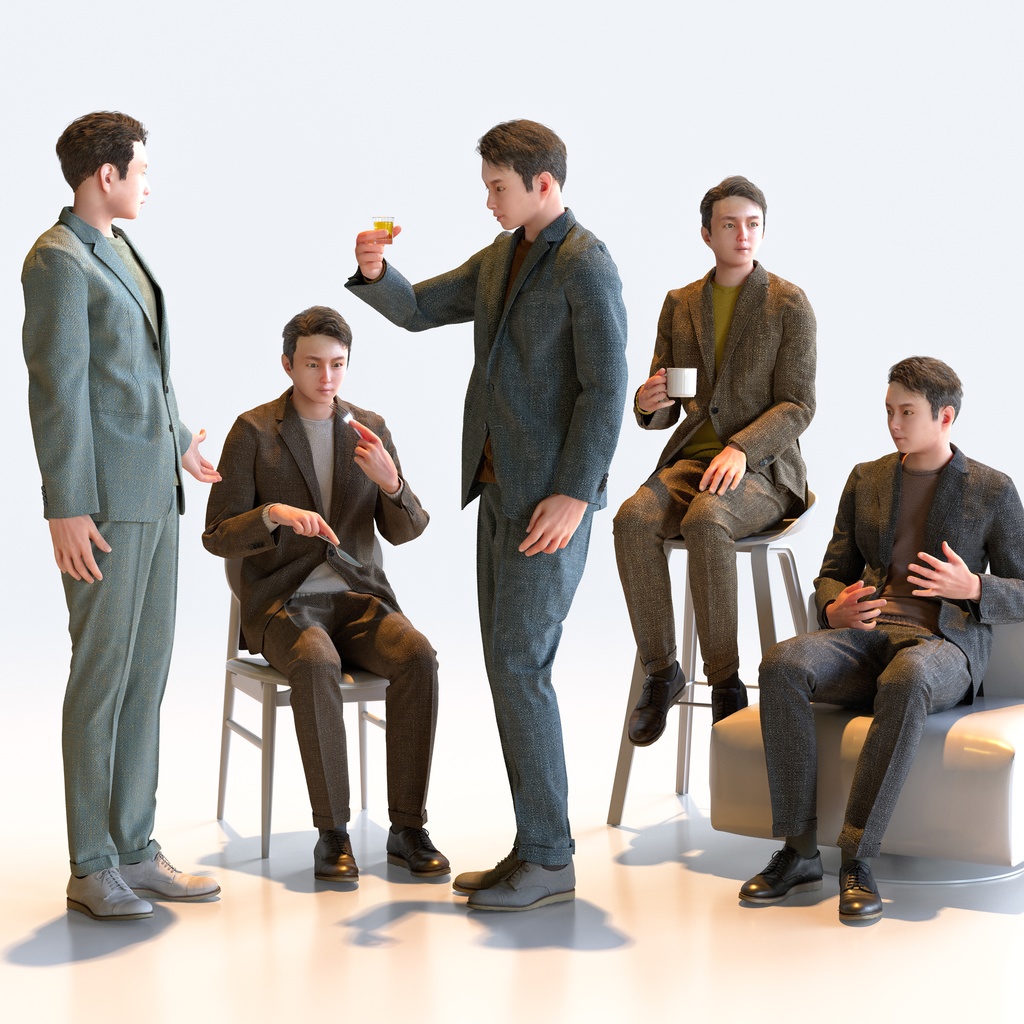 スマートカジュアル男性 5ポーズセット2 - S1-M2Y【3D人物モデル/人間3Dモデル】