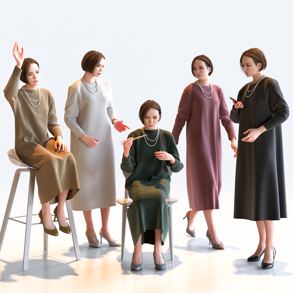 スマートカジュアル女性 5ポーズセット2 - S1-F2T【3D人物モデル/人間3Dモデル】
