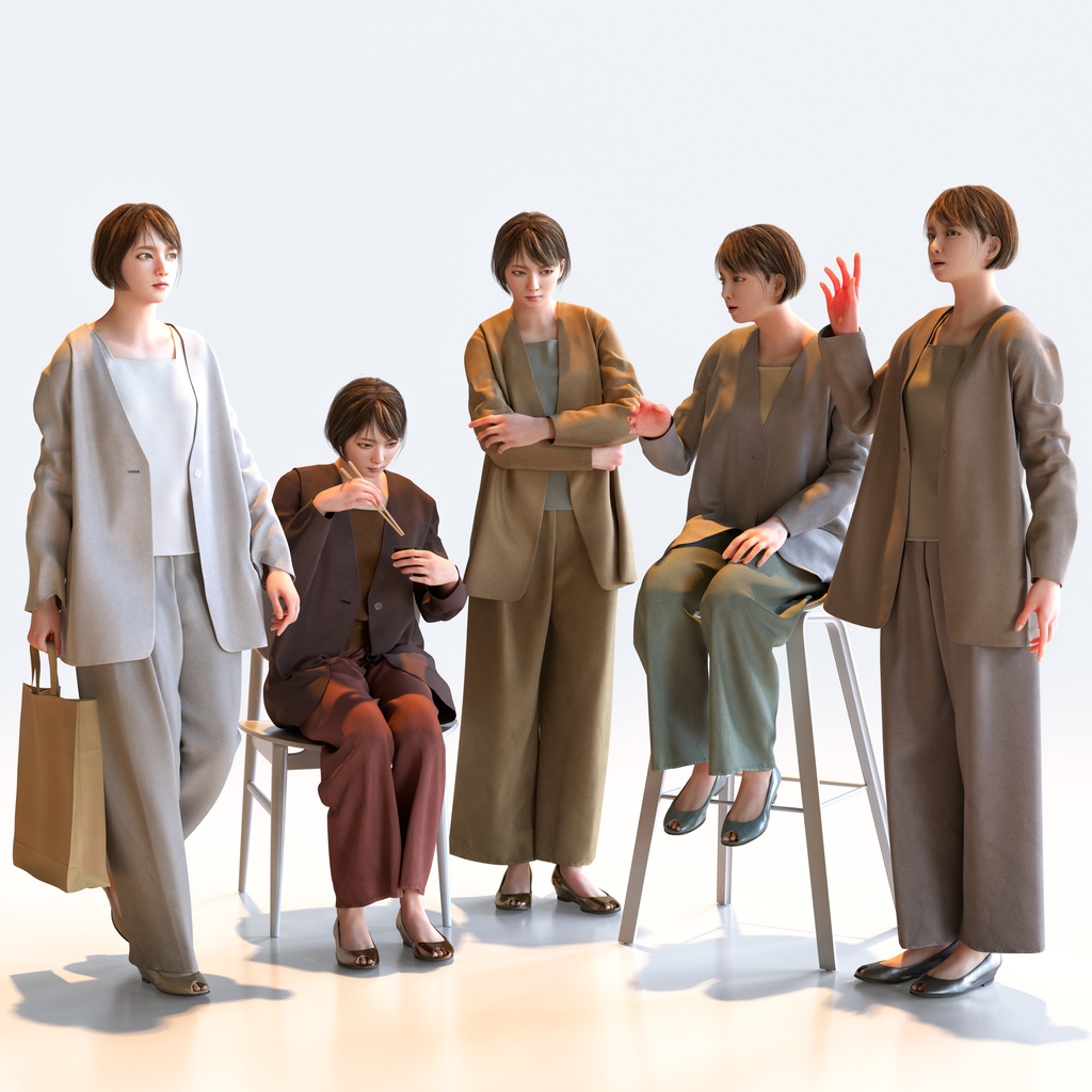 スマートカジュアル女性 5ポーズセット5 - S1-F5H【3D人物モデル/人間3Dモデル】