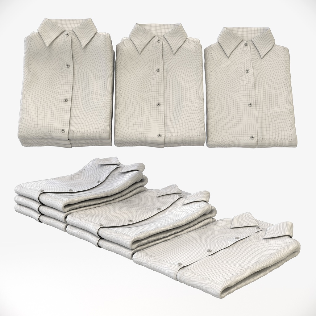 ビジネススタイル女性用衣服|ブラウス(折りたたみ平置き)【3Dモデル】