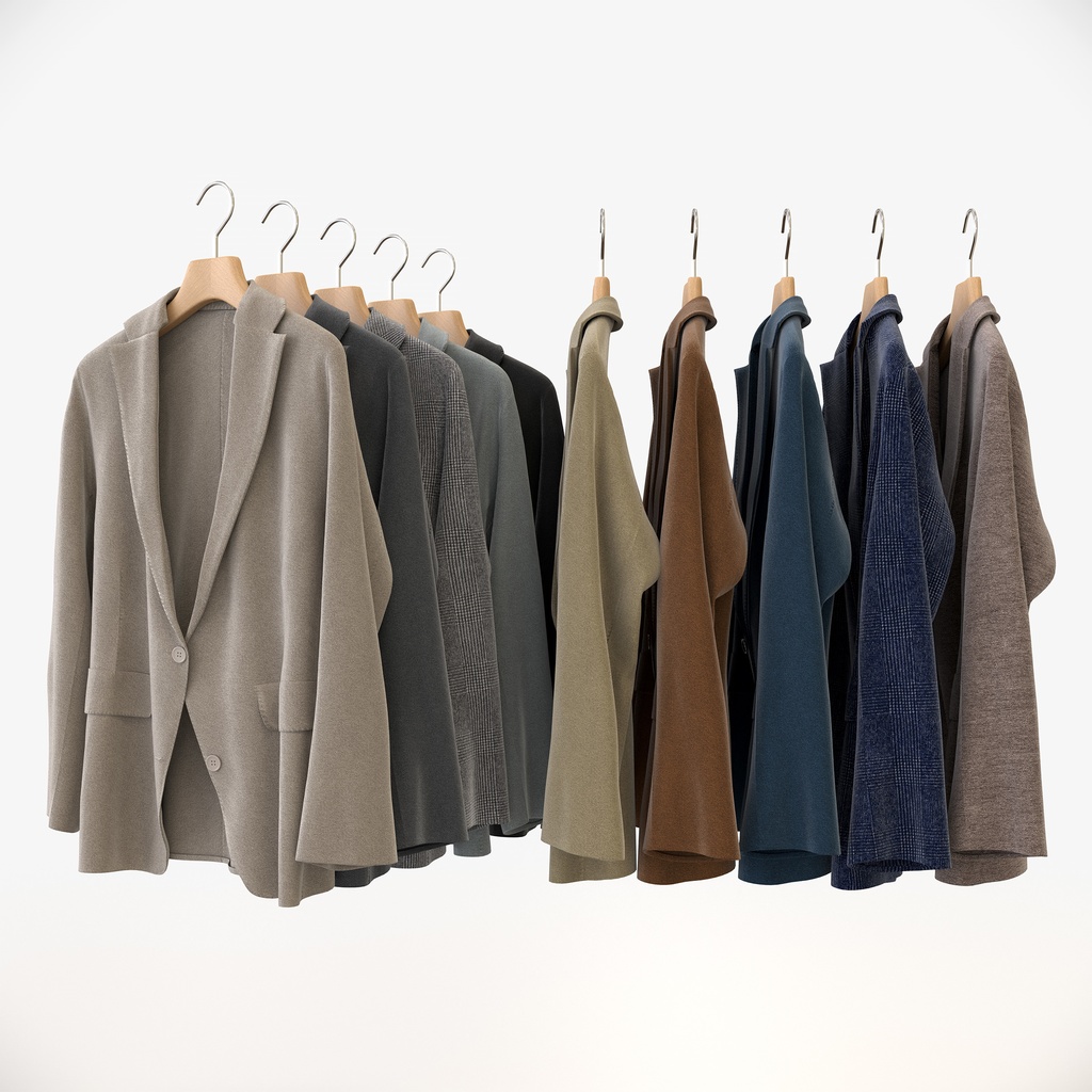 ビジネススタイル女性用衣服セット|ハンガー&折りたたみ平置き&ワイヤーハンガーラック【3Dモデル】