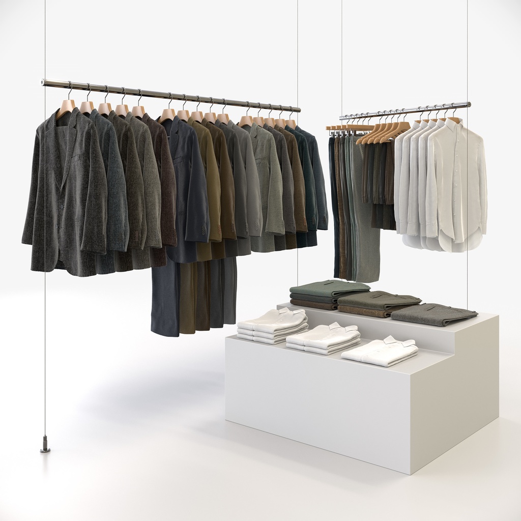 ビジネススタイル男性用衣服セット｜ハンガー＆折りたたみ平置き＆ワイヤーハンガーラック【3Dモデル】