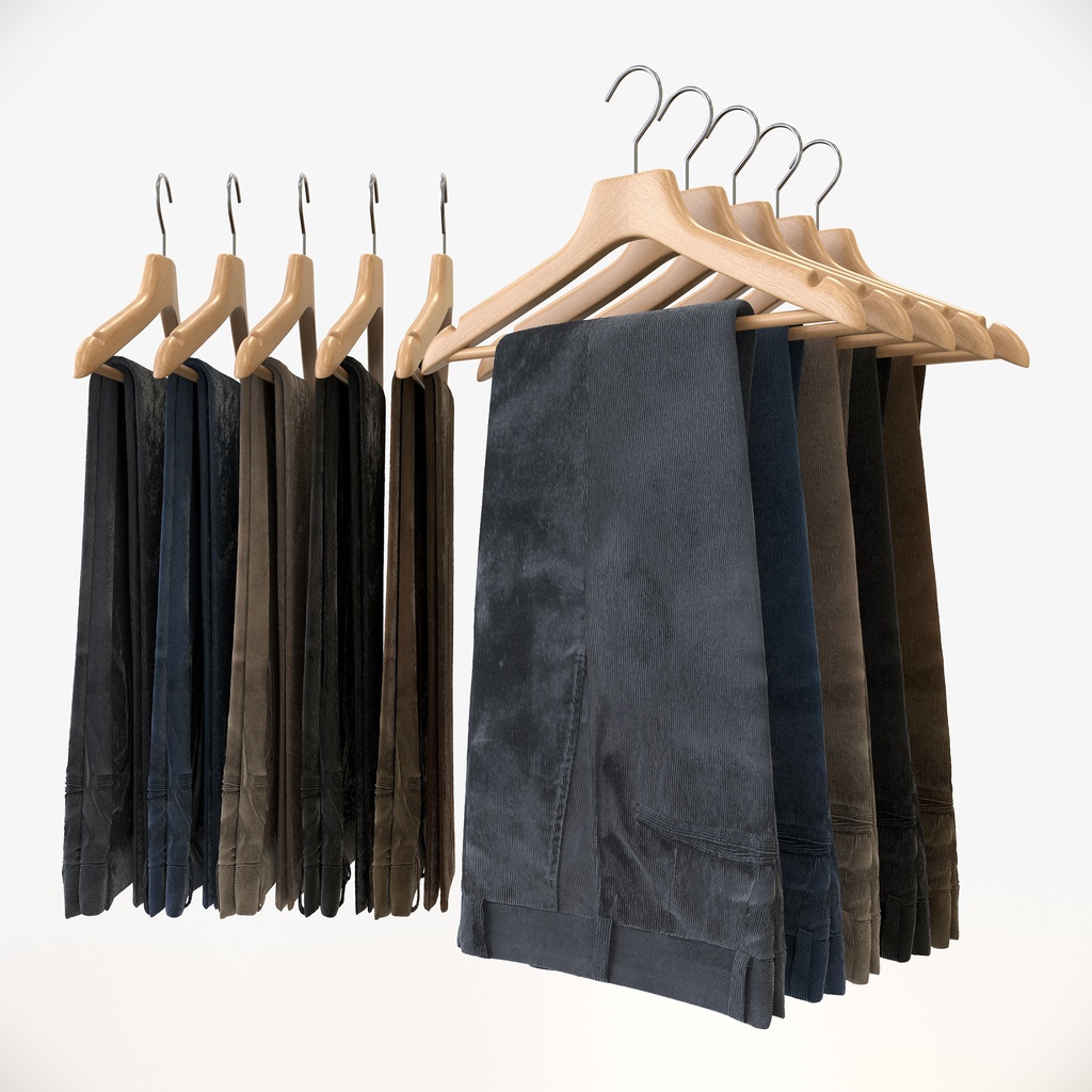 スマートカジュアルスタイル男性用衣服|コーデュロイパンツ(二つ折り)&ハンガー【3Dモデル】