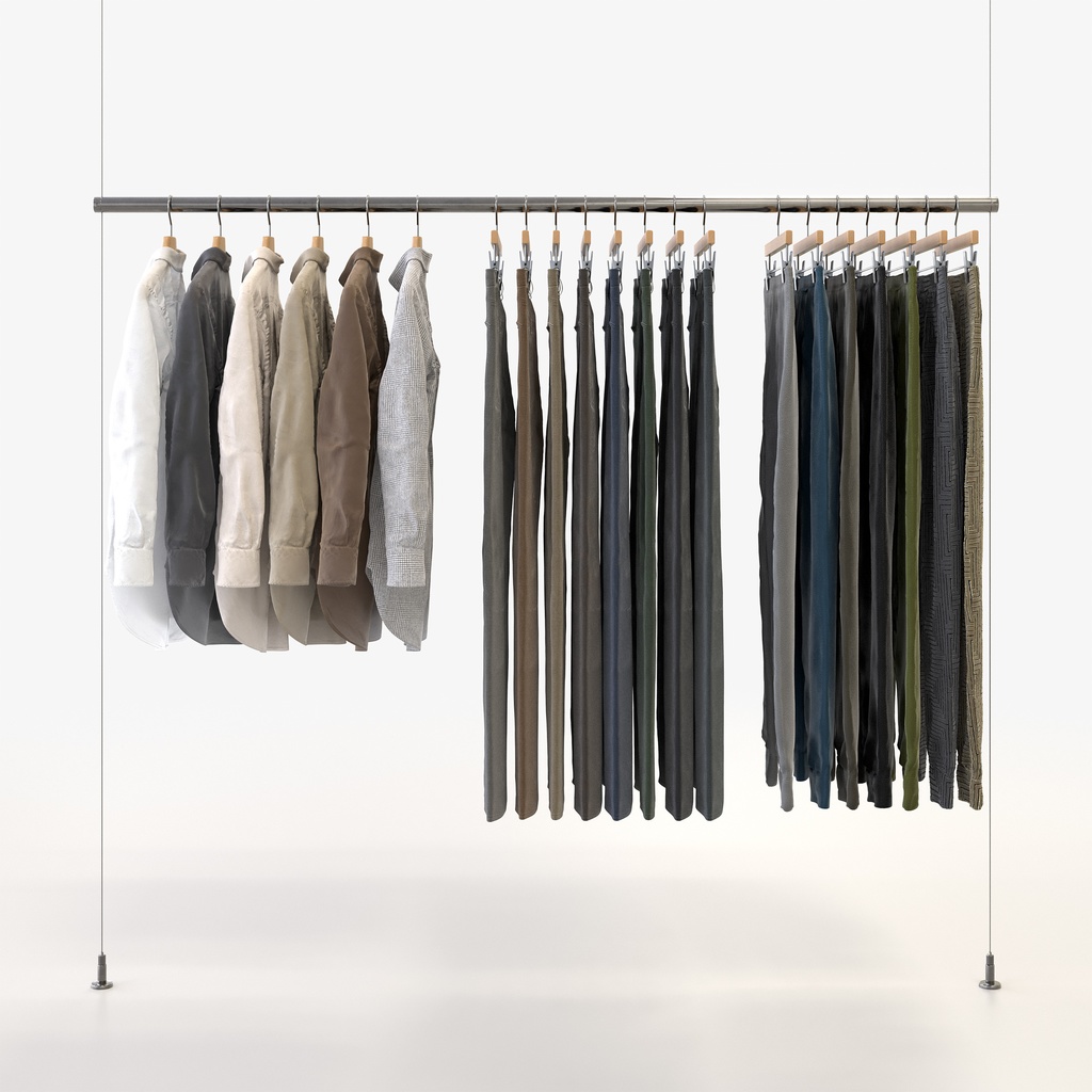 カジュアルスタイル男性用衣服セット|ハンガー&折りたたみ平置き&ハンガーラック【3Dモデル】