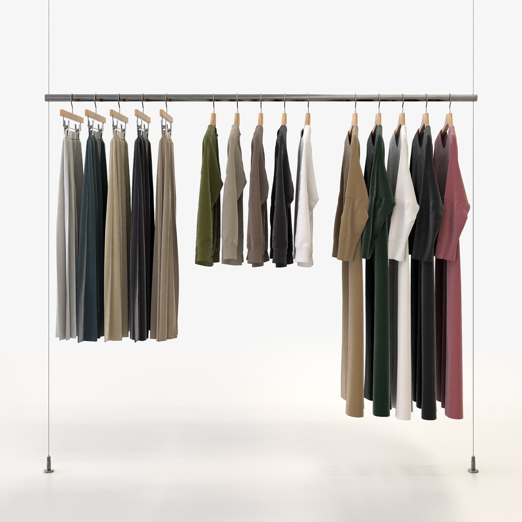 スマートカジュアルスタイル女性用衣服セット|ハンガー&折りたたみ平置き&ハンガーラック【3Dモデル】