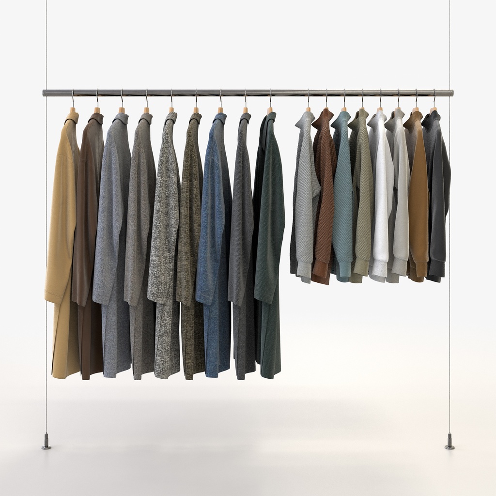 スマートカジュアルスタイル男性用衣服セット|ハンガー&折りたたみ平置き&ハンガーラック【3Dモデル】