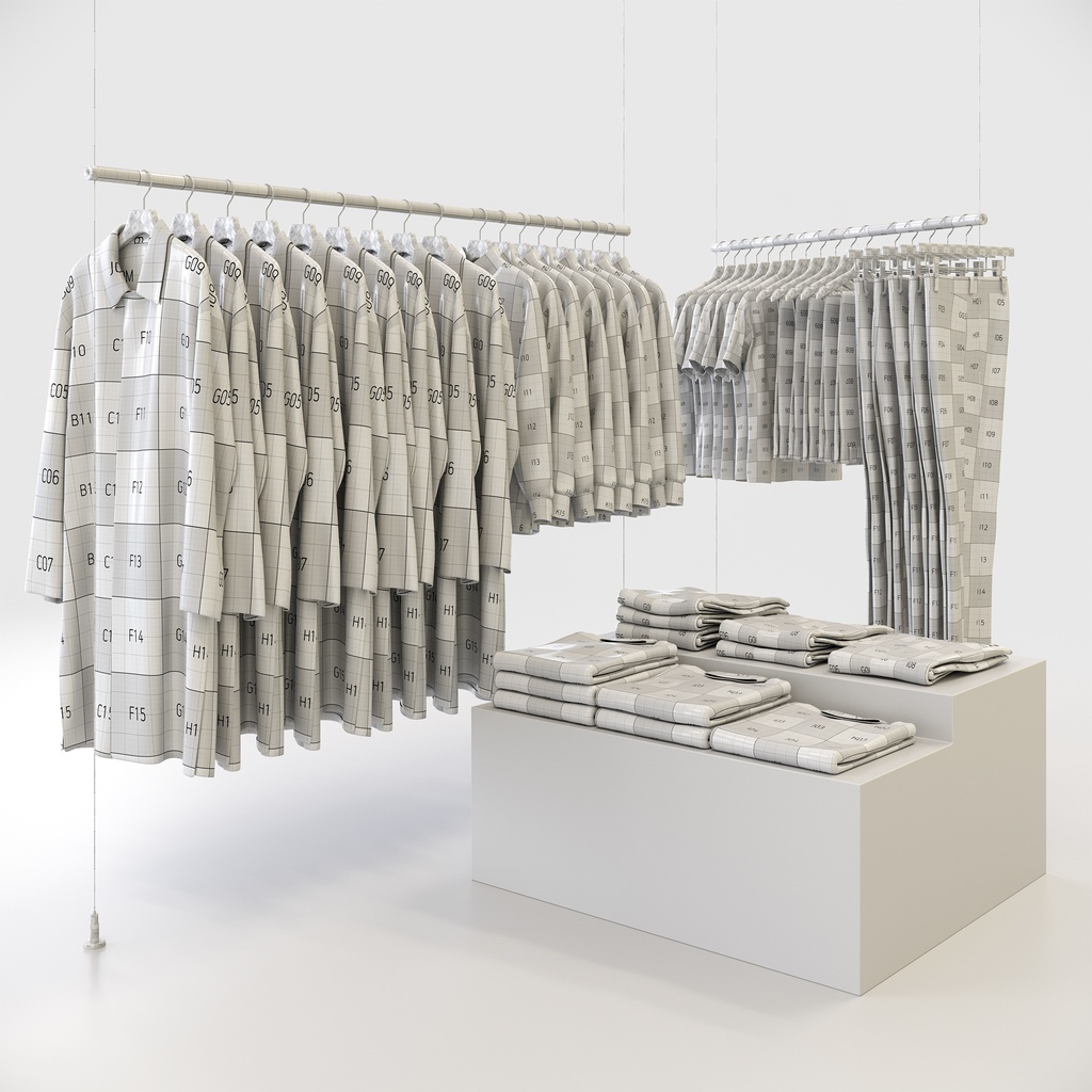 スマートカジュアルスタイル男性用衣服セット|ハンガー&折りたたみ平置き&ハンガーラック【3Dモデル】