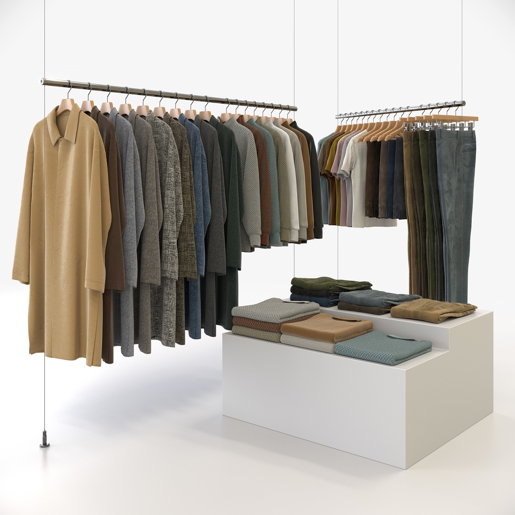 スマートカジュアルスタイル男性用衣服セット|ハンガー&折りたたみ平置き&ハンガーラック【3Dモデル】