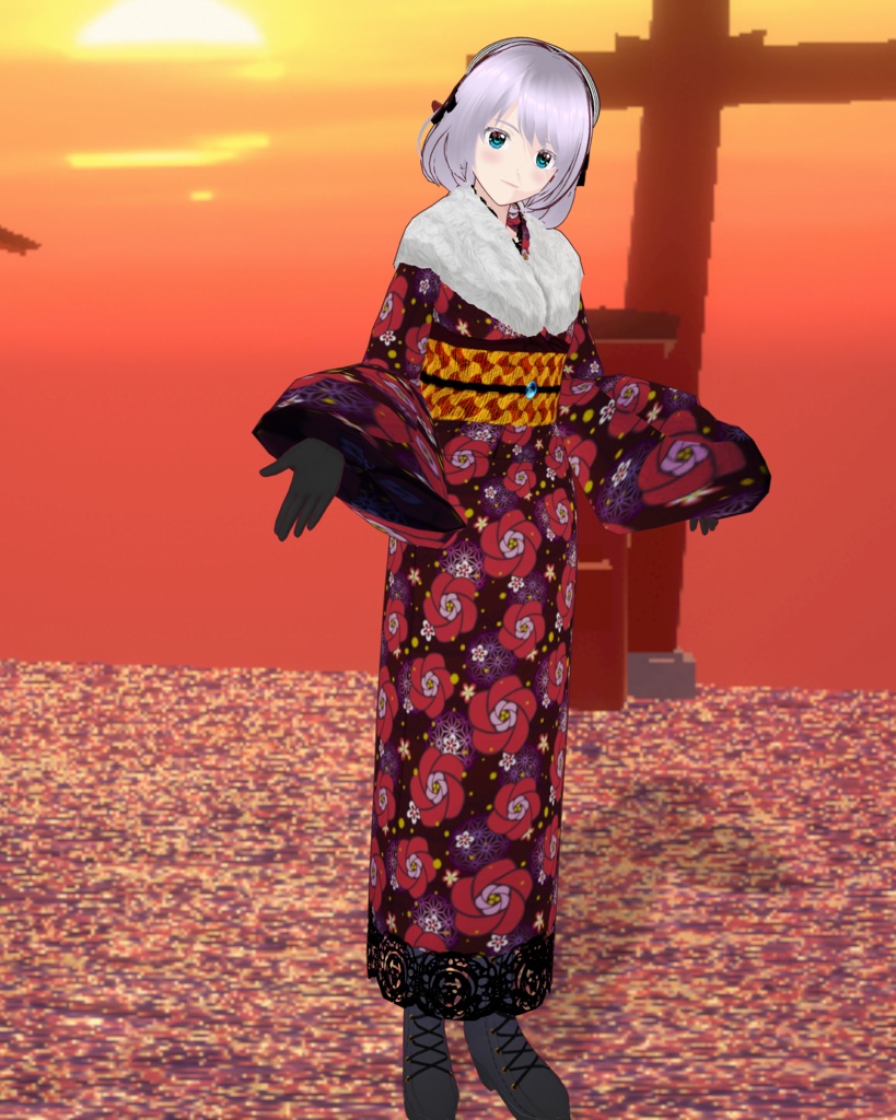 椿の夢(冬用ファー付き着物)紫