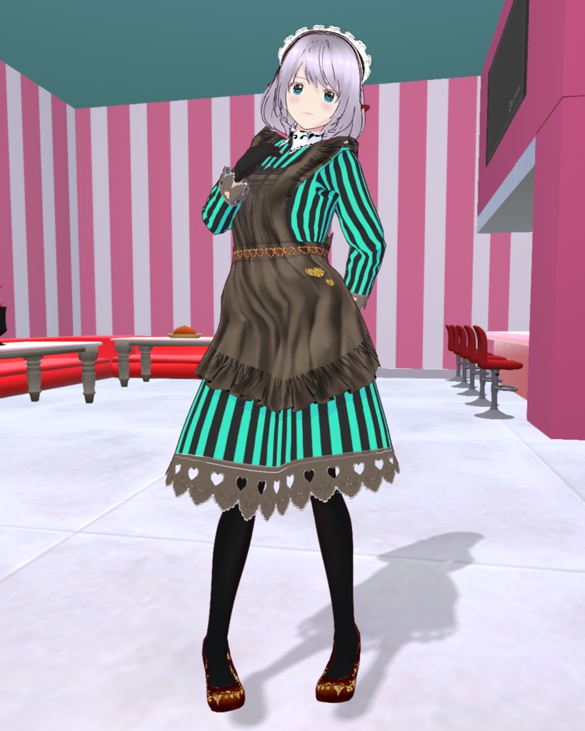 バレンタインメイド衣装3(ミントストライプ)チョコパンプス付き