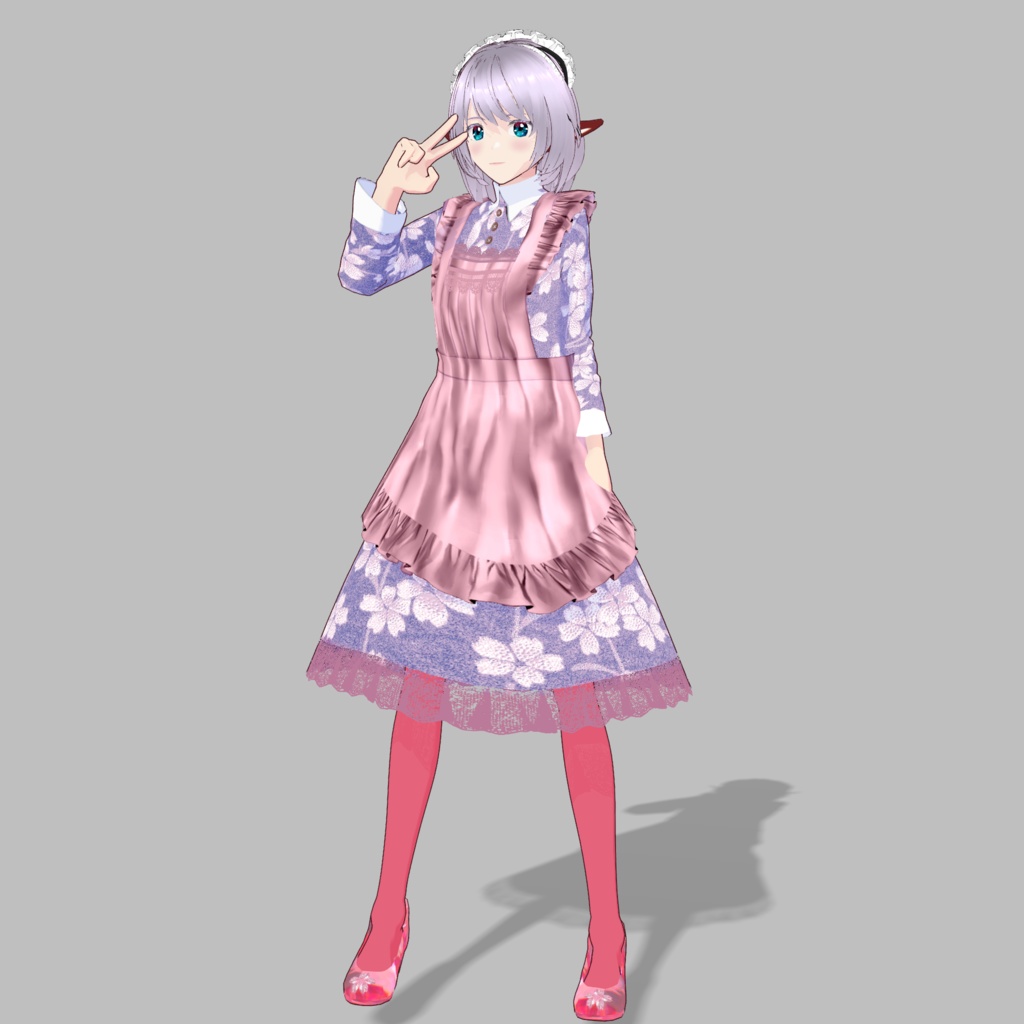 桜メイド衣装長袖薄紫色桜色エプロン レギンスパンプス付き