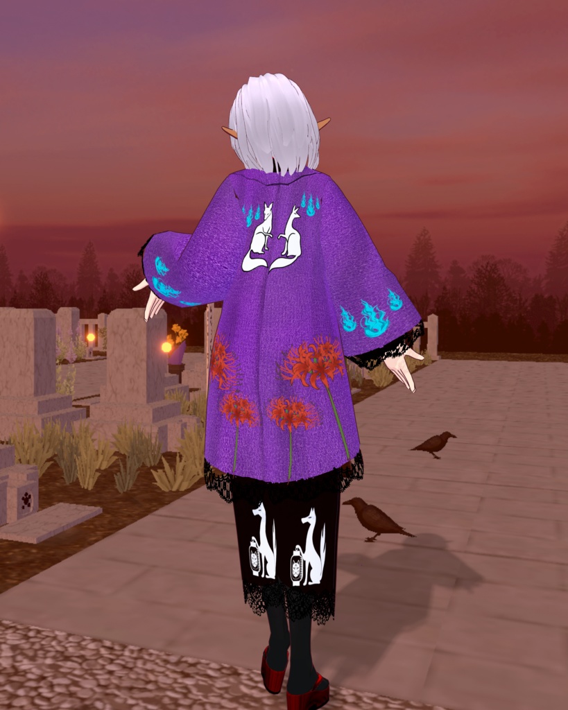 妖着物シリーズ狐柄(黒着物紫羽織)