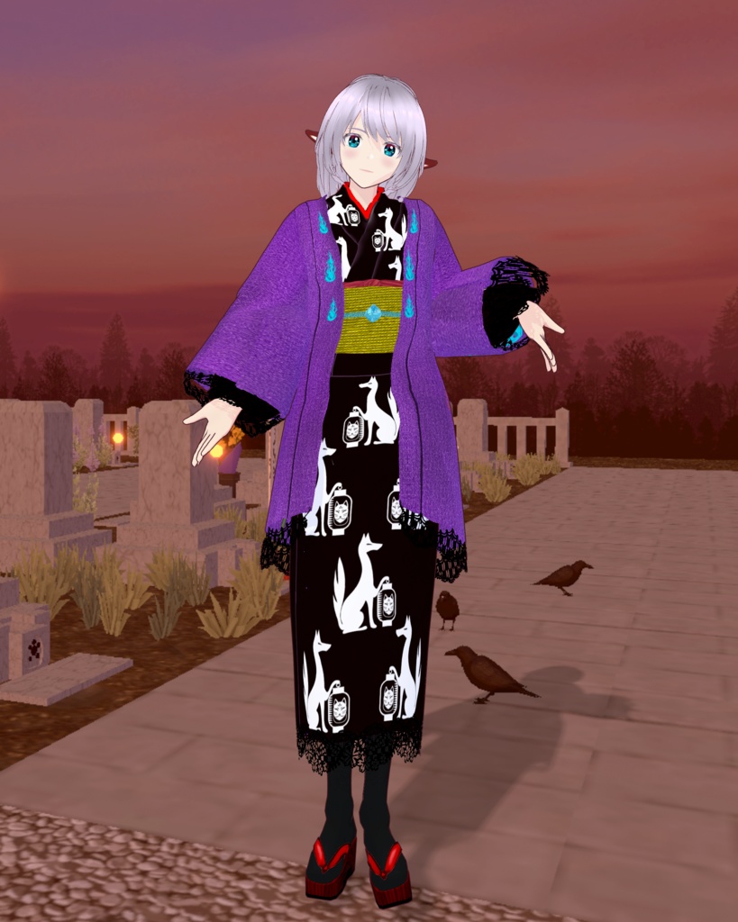 妖着物シリーズ狐柄(黒着物紫羽織)