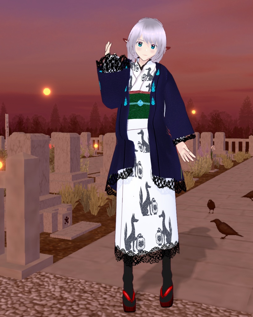 妖怪着物狐柄白 藍色羽織