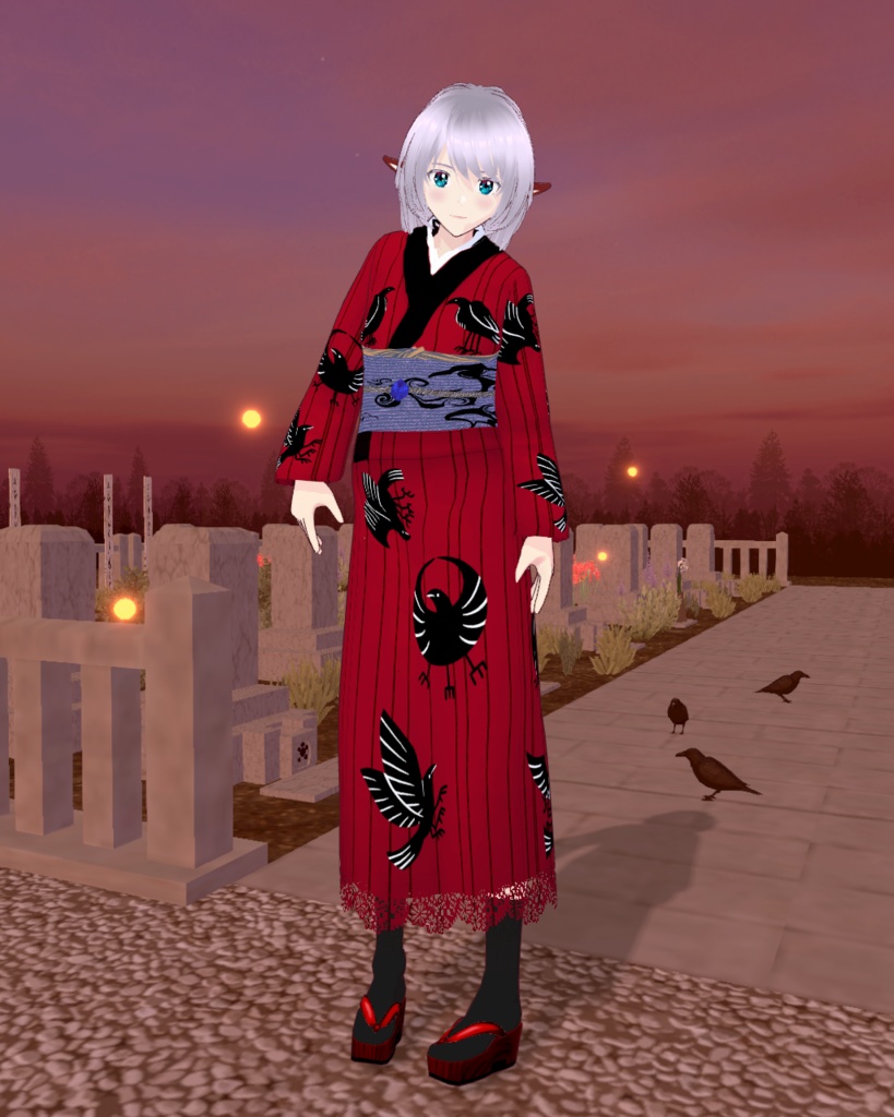 妖怪柄着物八咫烏赤羽織り有りと無しのセット