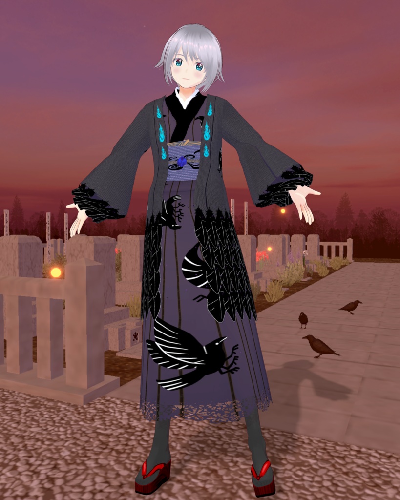 妖怪着物八咫烏紫羽織り有無のセット