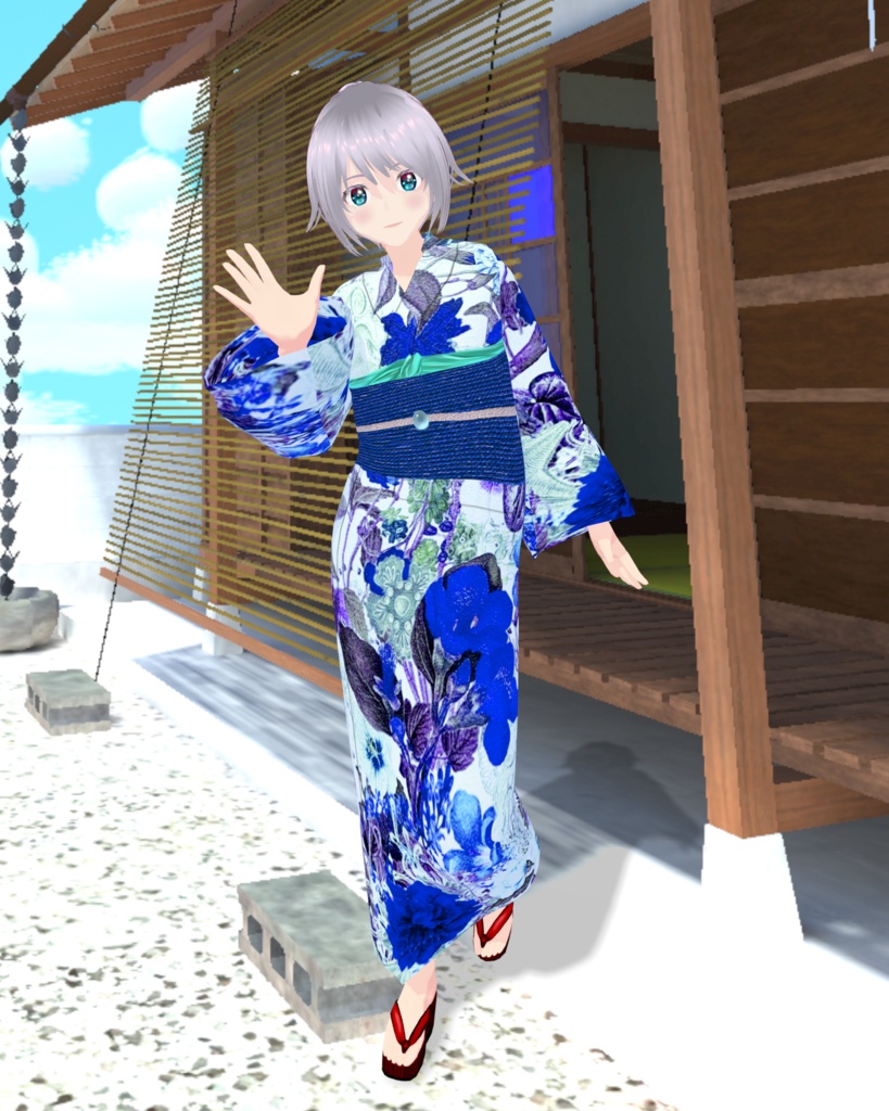 海と花カワイイ浴衣(青)