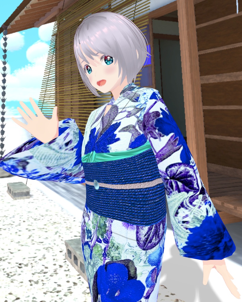 海と花カワイイ浴衣(青)