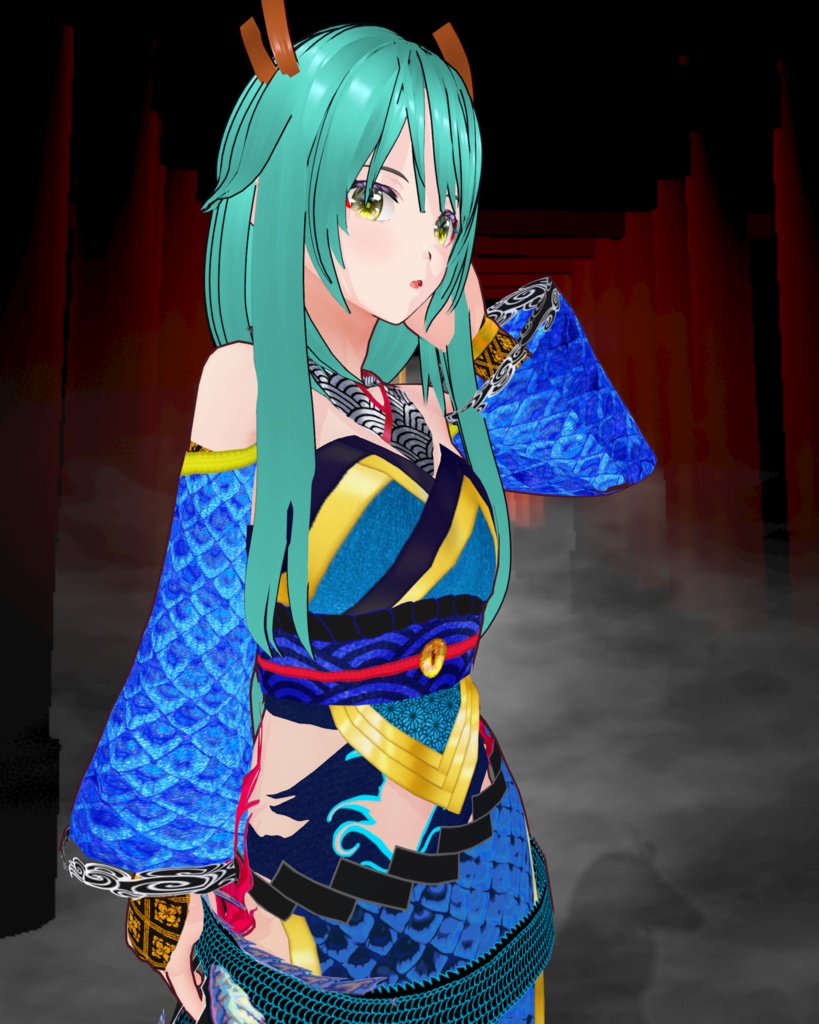 龍神舞踊(ドレス、ニーソ、アームカバー、草履、おまけにツノ付き)