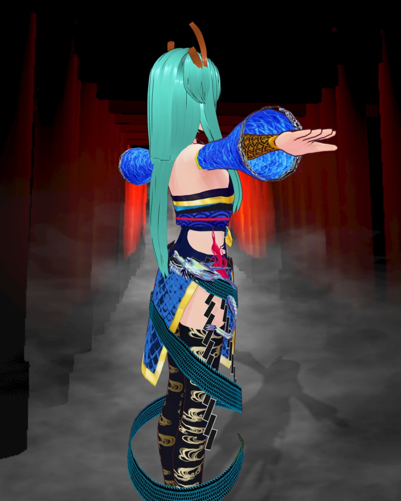 龍神舞踊(ドレス、ニーソ、アームカバー、草履、おまけにツノ付き)