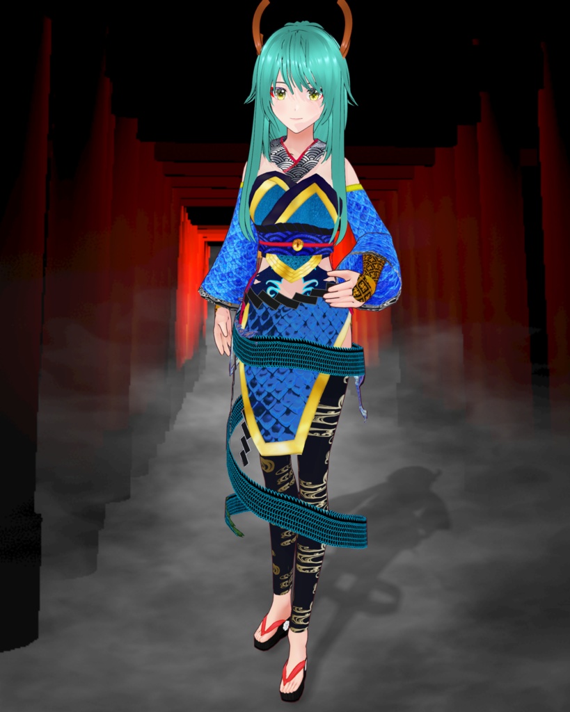 龍神舞踊(ドレス、ニーソ、アームカバー、草履、おまけにツノ付き)