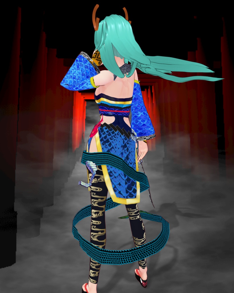 龍神舞踊(ドレス、ニーソ、アームカバー、草履、おまけにツノ付き)