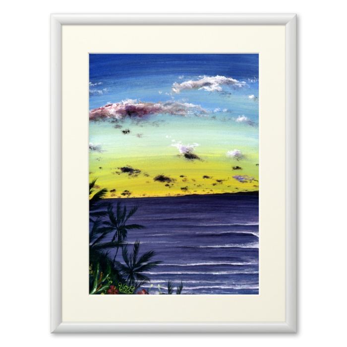 絵画「サンセットの海（Sunset Ocean Beach）」（2007年制作）複製画額装品［海の絵画・波の絵・アート・イラスト］