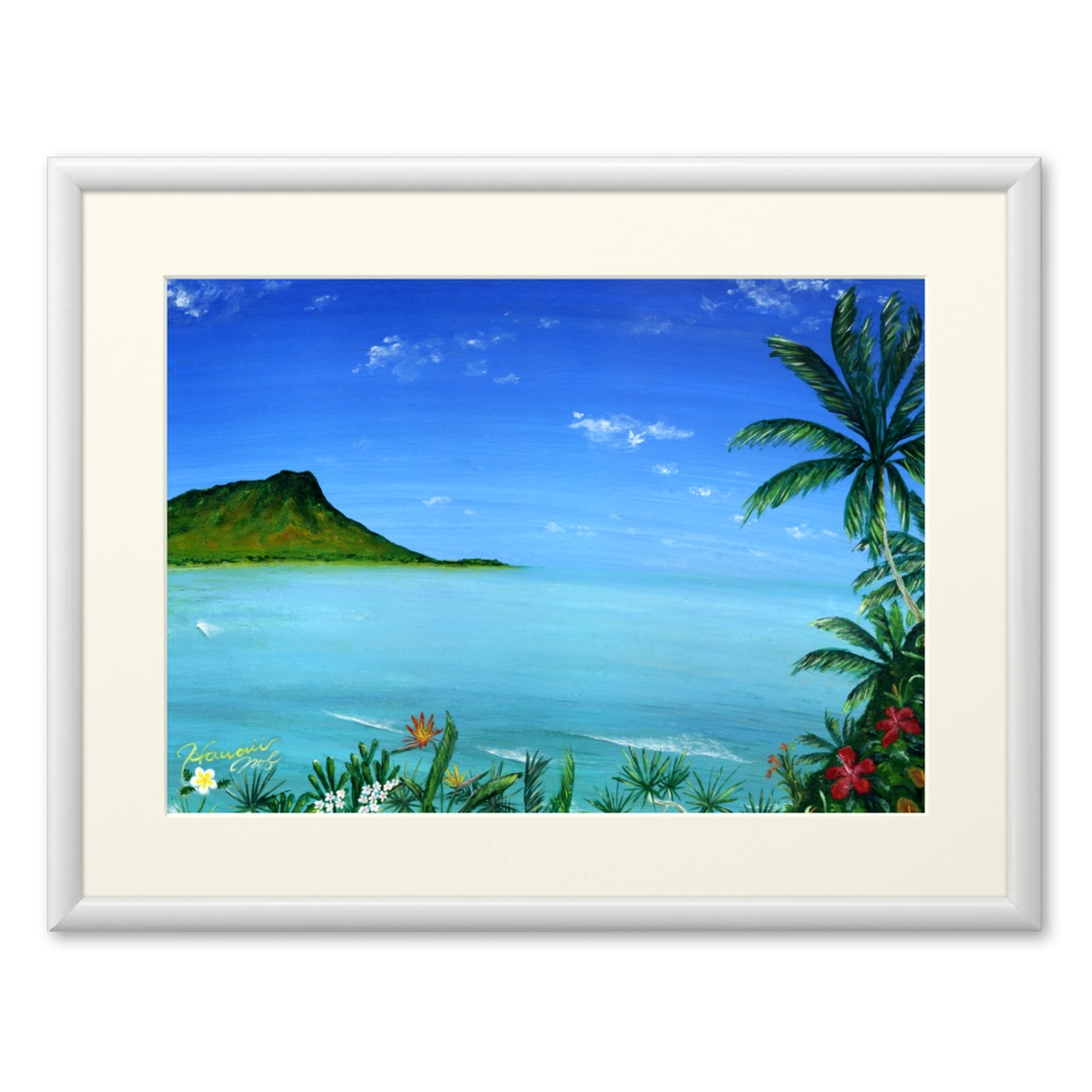 絵画「ハワイ・ワイキキ ビーチ（Waikiki Beach,Hawaii）」（2007年制作）複製画額装品［ダイアモンドヘッドと海の絵・波の絵画・アート・イラスト］
