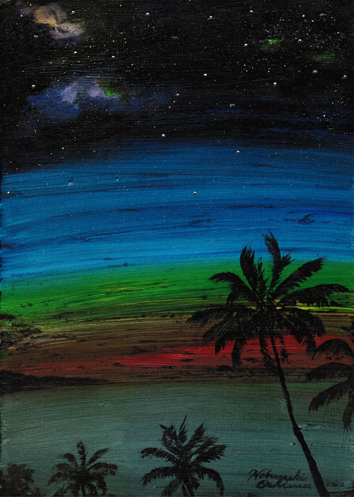 絵画「Space with Sunset(2020)」複製画額装品【手描き/海・宇宙・ビーチ・サンセット・椰子の木・夕日・夕焼け・夕暮れ・サーフィン・アート・インテリア】