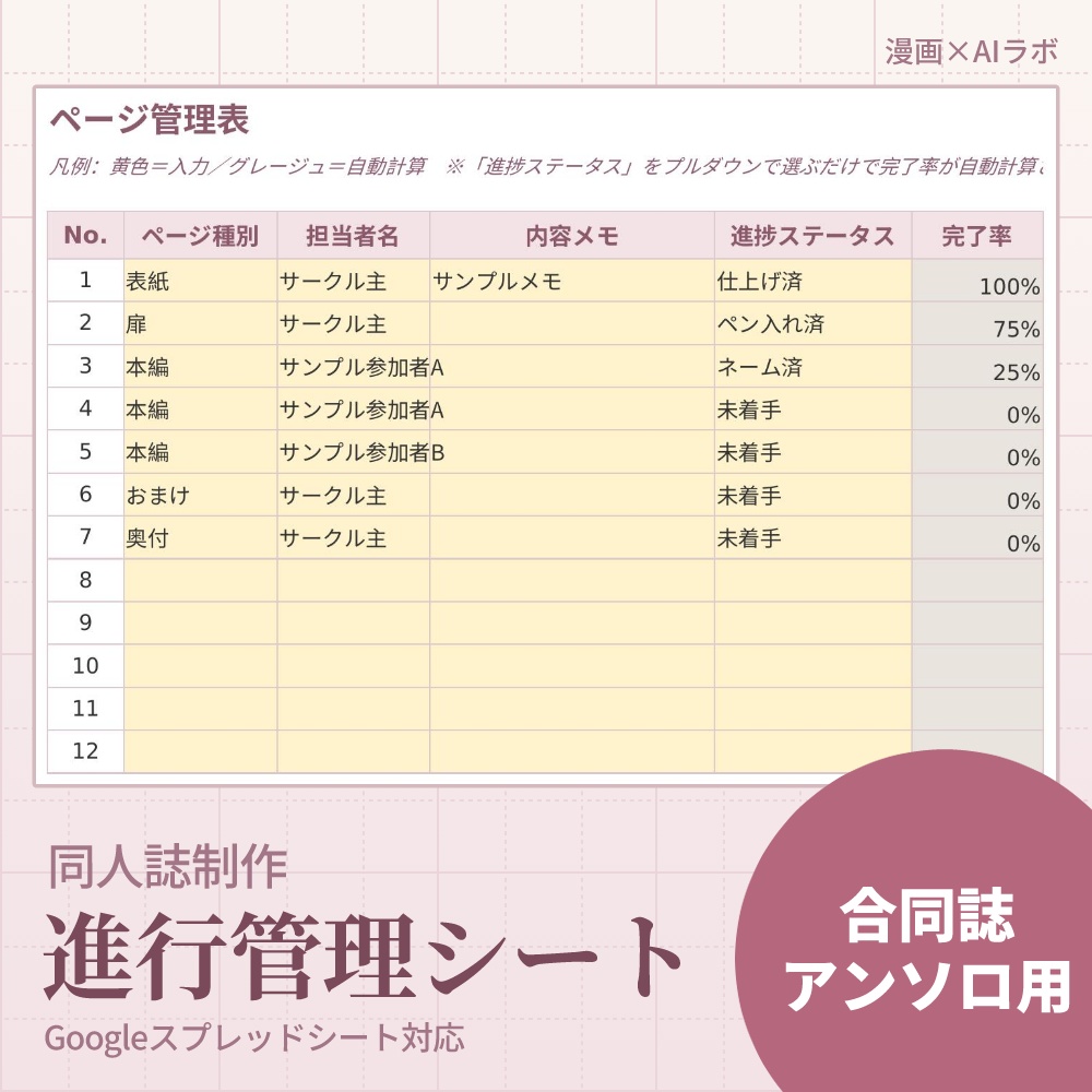 同人誌制作 進行管理シート【合同誌・アンソロジー版】｜参加者管理・原稿回収の進行管理