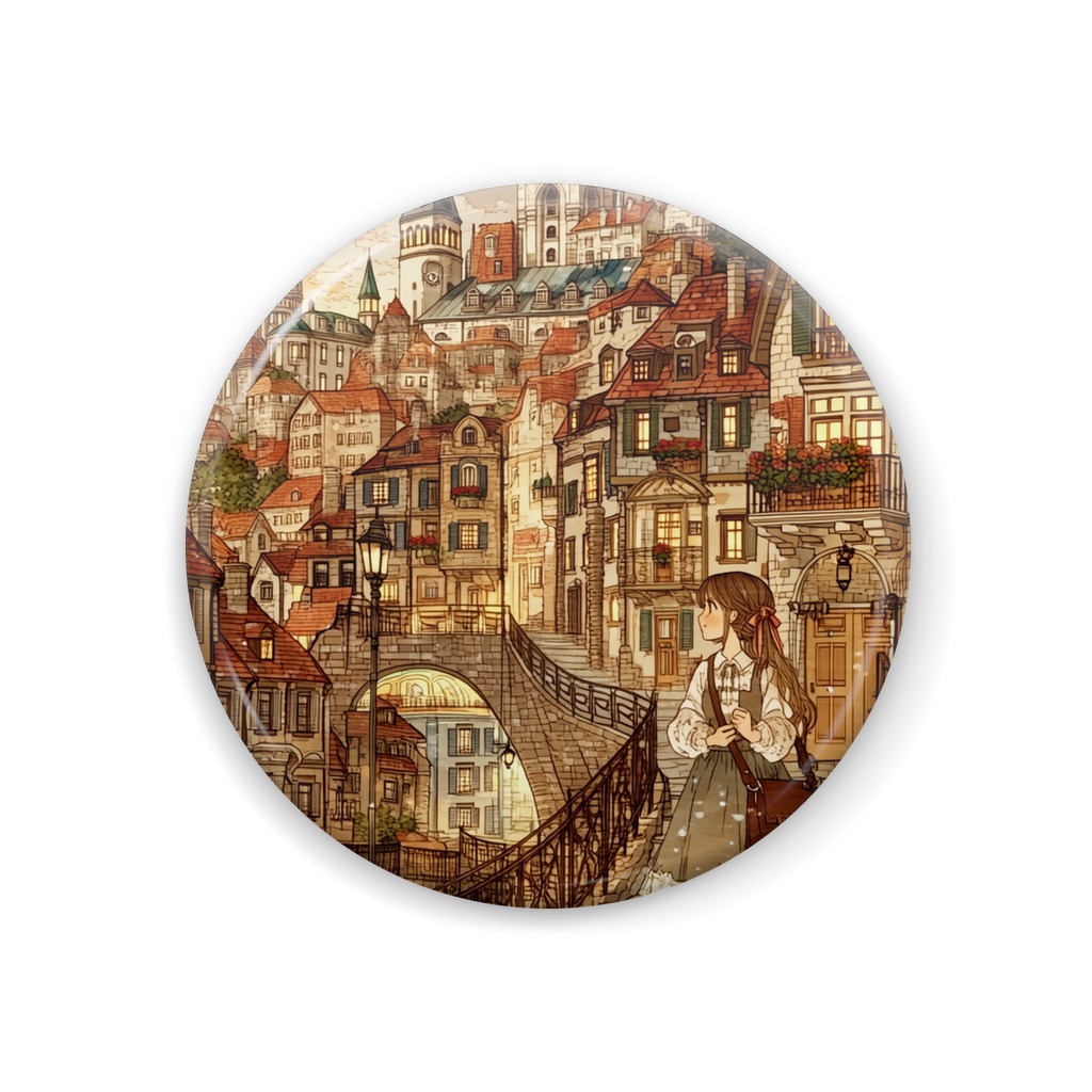小さな街の物語|レトロ街並みイラスト 缶バッジ 44mm
