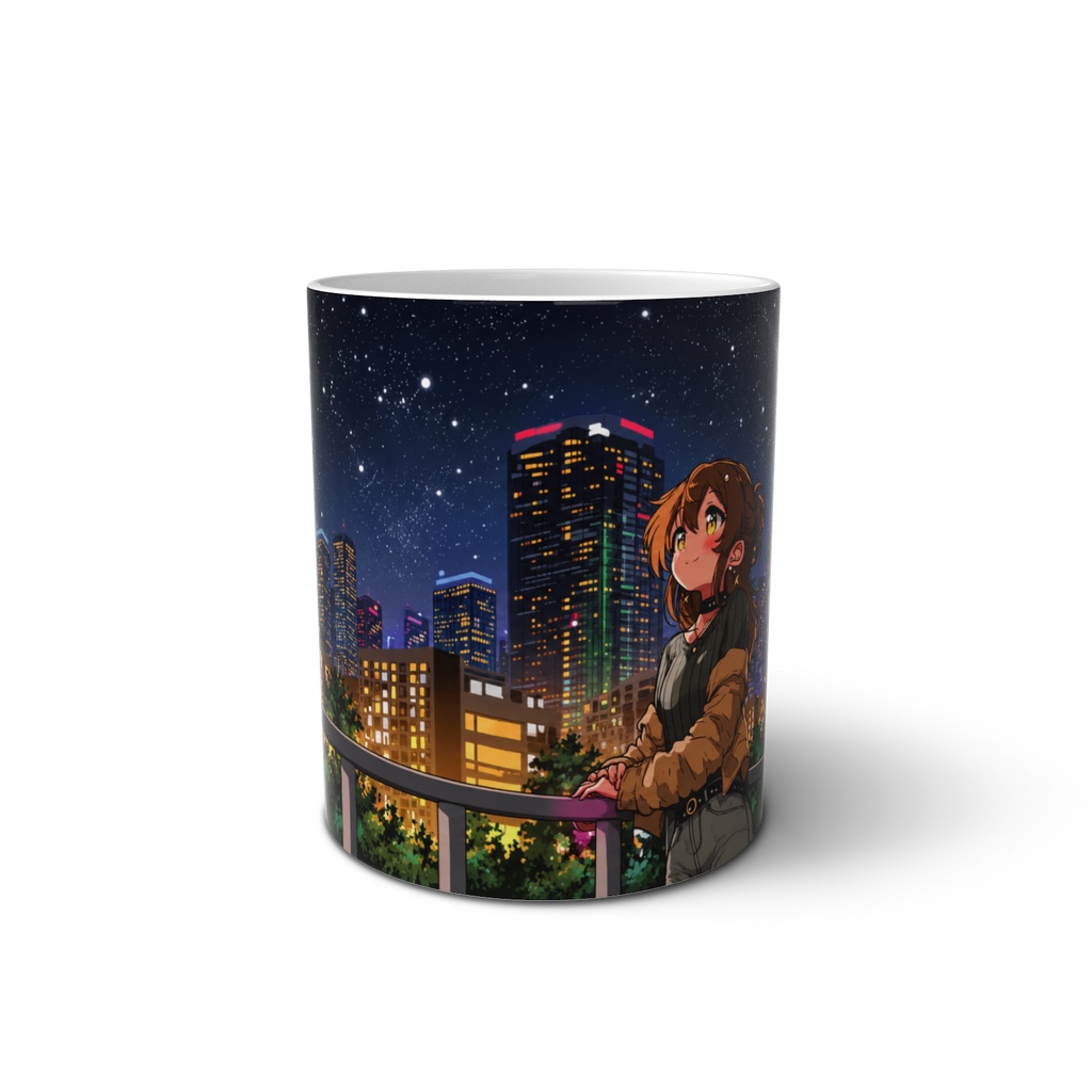 夜景と少女のマグカップ