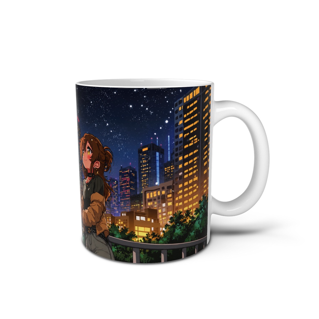 夜景と少女のマグカップ