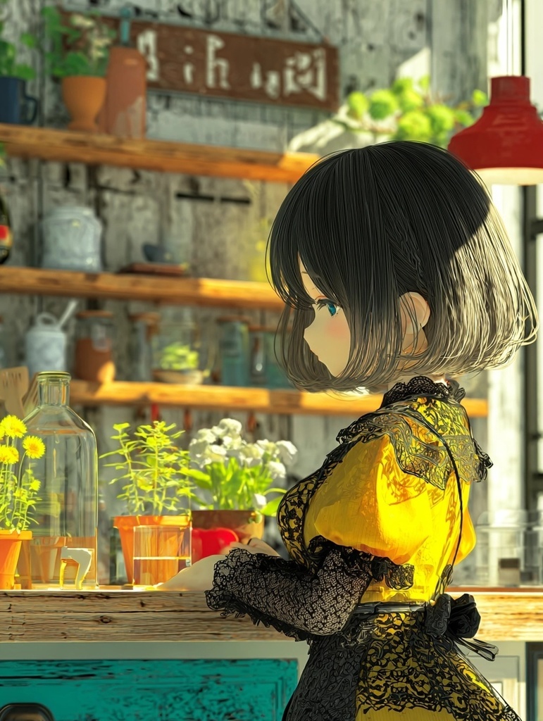 黒髪ボブの少女と朝のチルキッチン|高精細プロンプト+Niji profile付き