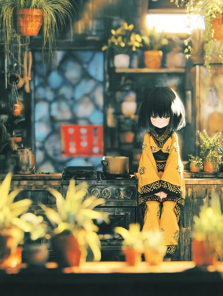 黒髪ボブの少女と朝のチルキッチン|高精細プロンプト+Niji profile付き