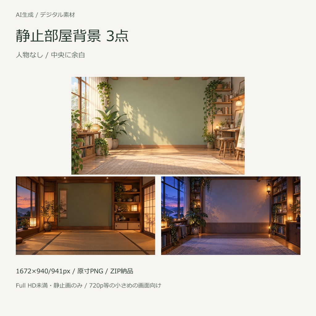 配信用の静止部屋背景3点｜人物なし・中央に余白｜PNG｜AI生成