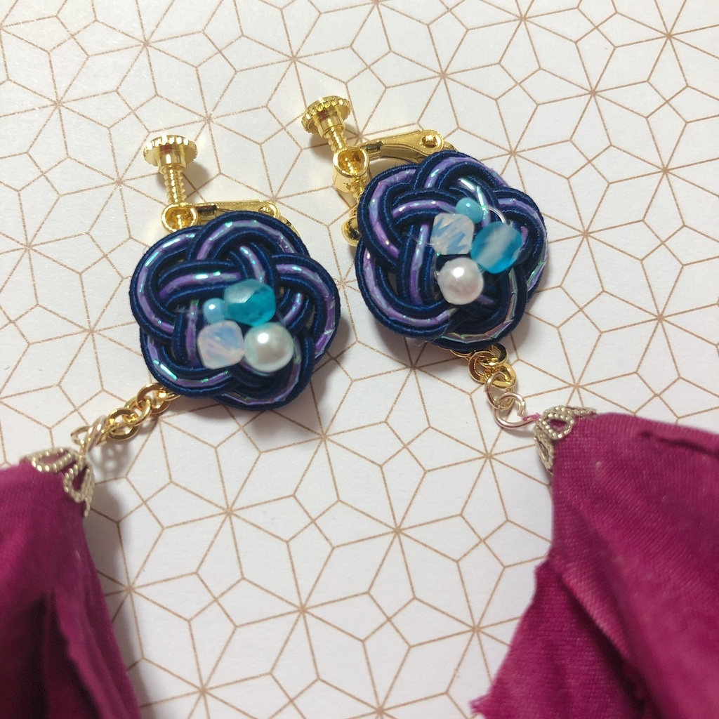 かすみ草 花びら イヤリング 水引 和風 青 紫 パール
