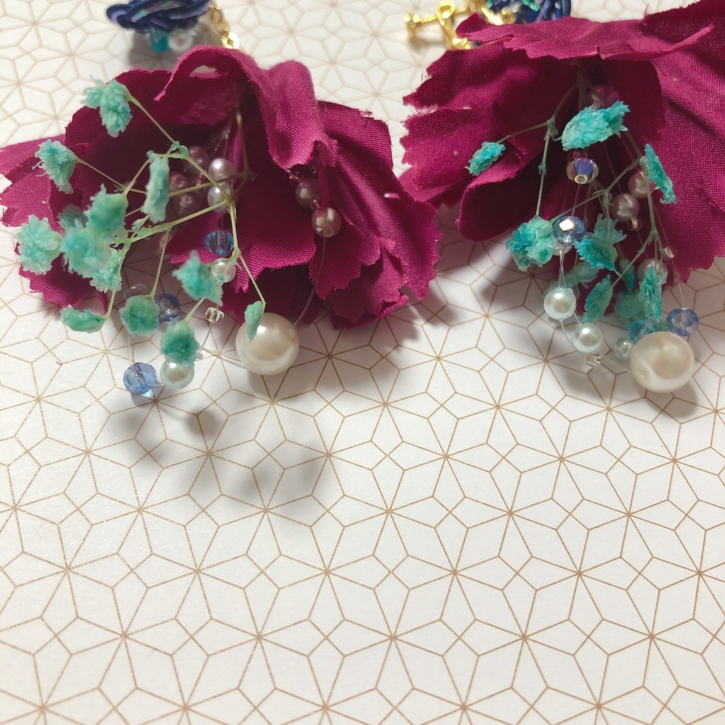 かすみ草 花びら イヤリング 水引 和風 青 紫 パール