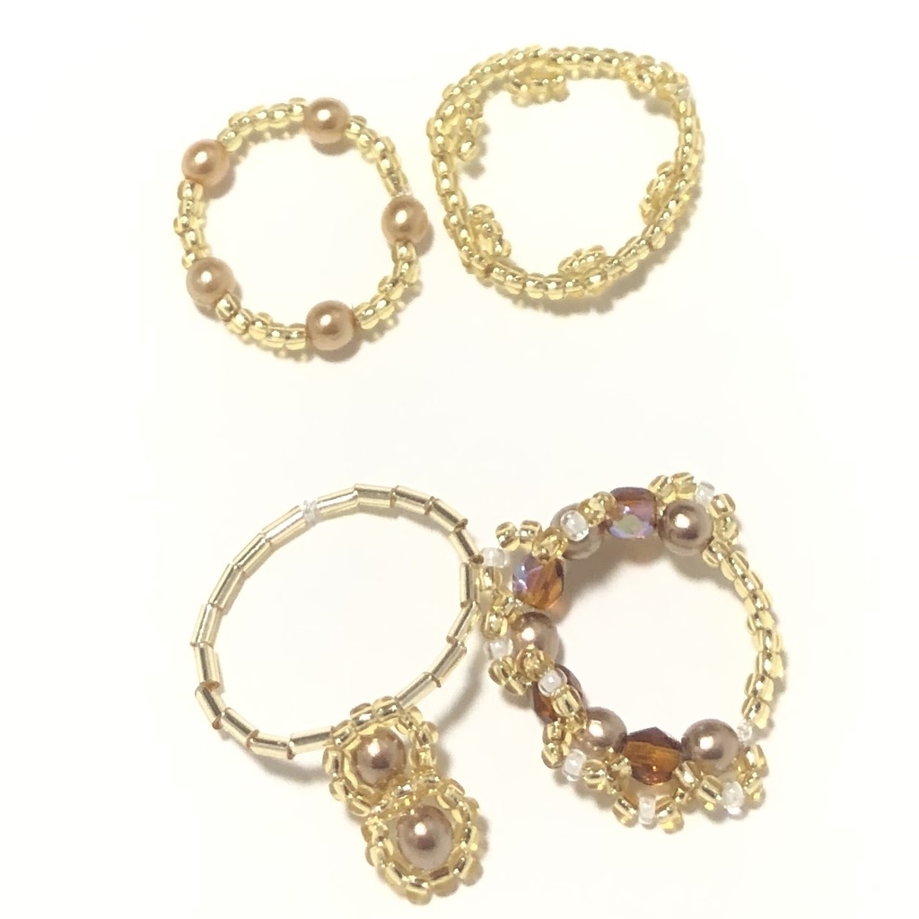 ハンドメイドビーズリング ブラウン ゴールド セット