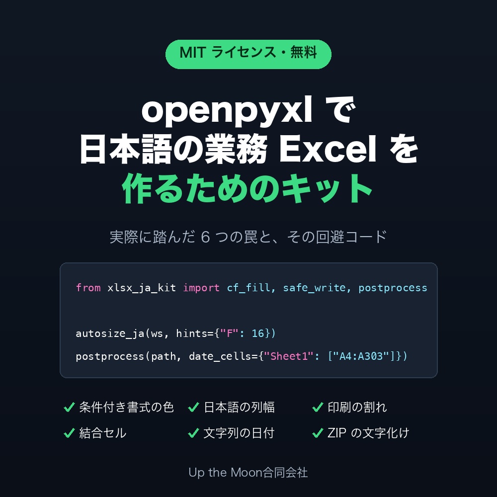 openpyxl 日本語業務Excel 生成キット | 条件付き書式・列幅・印刷・文字化けの罠と回避コード (MIT)